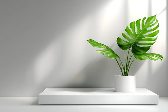 Modern Minimalist Interior Design with Green Monstera Plant in Bright Sunlit Room