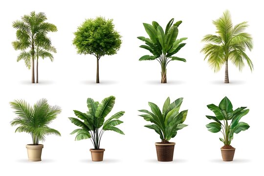 Variety of Lush Green Plants in Different Shapes and Sizes Displayed on a White Background