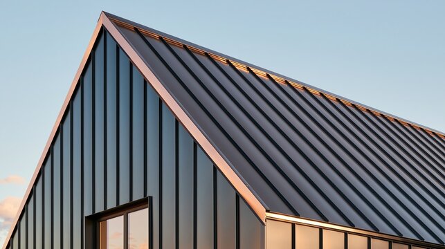 Close up view of modern gable roof with dark standing seam metal panels and warm copper trim against clear sky at sunset shows minimalist contemporary architecture