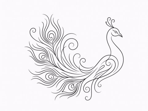 Elegant abstract peacock feather line art illustration on white background