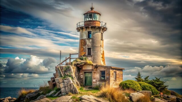 A weathered coastal lighthouse stands proudly amidst dramatic clouds and rocky terrain, its aged structure a testament to time and the sea
