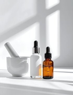Two cosmetic dropper bottles and a mortar and pestle are arranged on a white surface with dappled light.