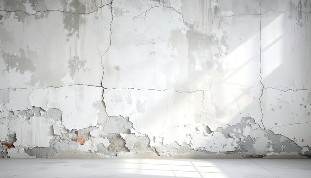 A weathered, cracked plaster wall with peeling paint and exposed brick, illuminated by natural light.
