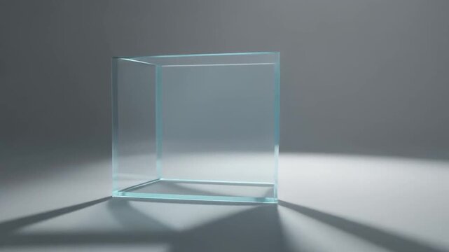 3d glass cube animation rotating on reflective surface in slow motion