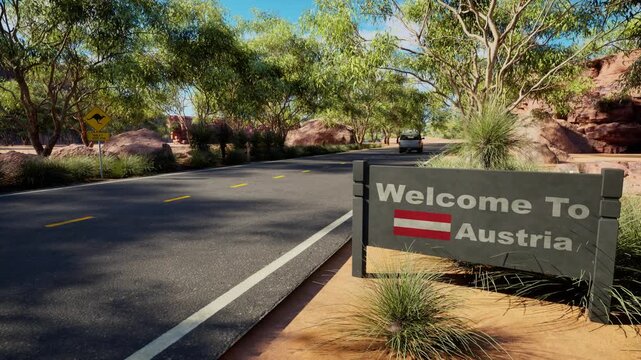 Welcome to Austria road sign on desert highway, scenic outback road trip landscape, sunny asphalt drive through red rock canyon