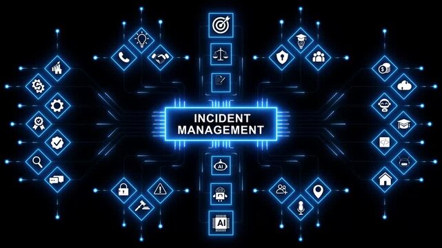 Incident Management in business tech involves swiftly diagnosing and resolving unexpected issues. with a virtual incident management icon. and neon toolbox any item use for animation.