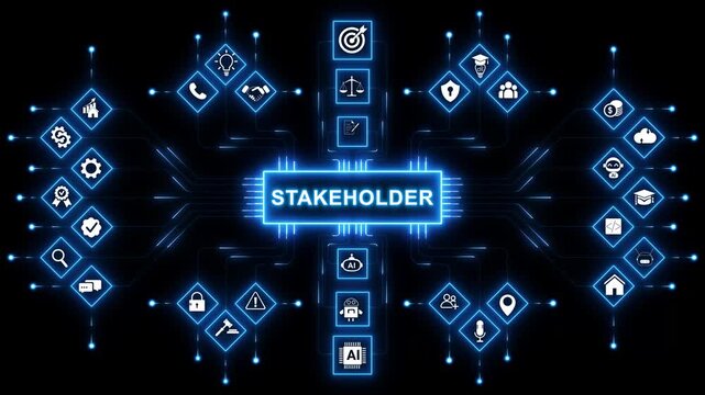 Connecting stakeholders through digital engagement networks, collaboration focused animation with glowing data links and shared communication systems with neon toolbox any item use for animation.