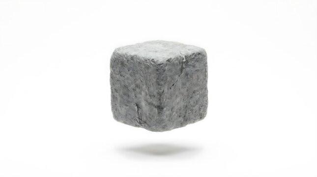 Floating monolithic stone cube with rough gray texture.
