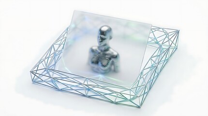 Fototapeta premium Humanoid figure inside blue wireframe glass box.