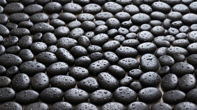 Wet black stones texture background, smooth river rock pattern, dark pebble surface with water droplets, abstract natural ground cover, minimalist spa floor design