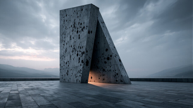 Weathered stone monument with bullet scars in an empty plaza, overcast sky, cinematic cool desaturated lighting, heavy somber atmosphere. Open negative space for historical documentary covers and...