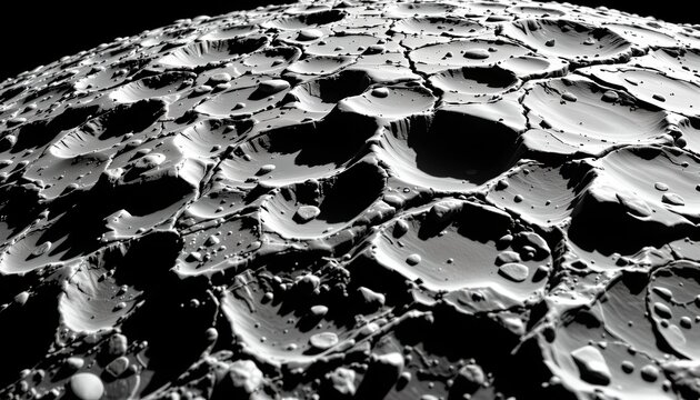 The image depicts a highly detailed, textured surface of what appears to be a celestial body, such as the moon or a planet with a heavily cratered landscape