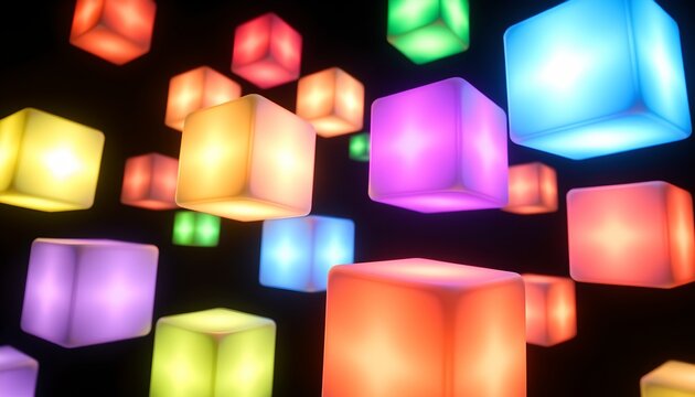 The image features a collection of illuminated, colorful cubes floating against a dark background