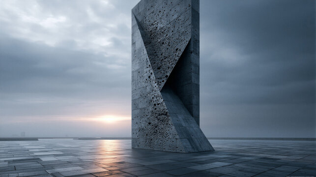 Weathered stone monument with bullet scars in an empty plaza, overcast sky, cinematic cool desaturated lighting, heavy somber atmosphere. Open negative space for historical documentary covers and...