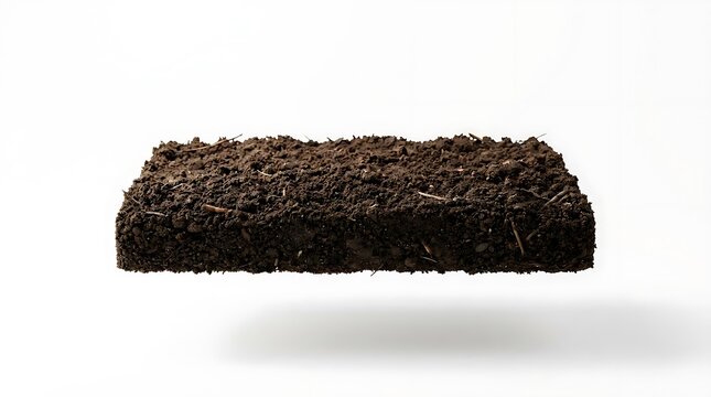 Floating rectangular block of dark organic garden soil.