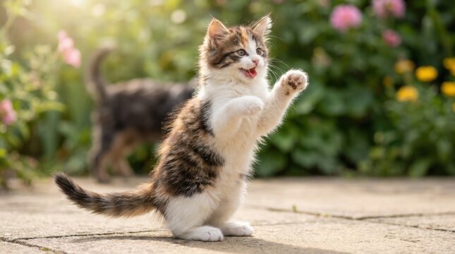 Playful kitten standing on hind legs in a garden with soft sunlight.