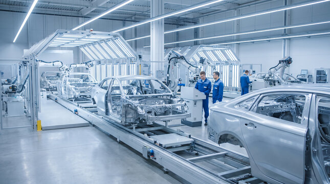 Automated car manufacturing factory assembly line with robots which is perfect for enhancing modern professional visual projects