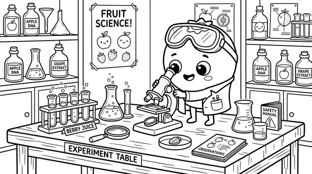 Cute cartoon fruit character wearing safety goggles and lab coat conducting scientific experiments with microscope in a laboratory setting