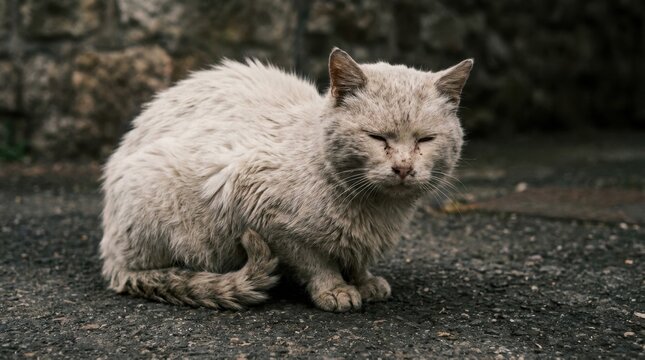 Sad Stray Cat Sitting Outdoors Looking Unhappy.