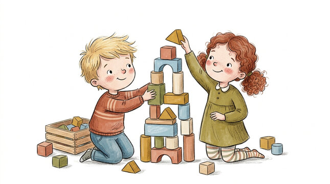 Isolated Children Stacking Building Blocks Toy Colored Pencil Illustration