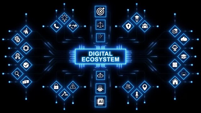 Enterprise integration dashboard powered by Digital Ecosystem interface with secure platform connectivity monitoring and advanced technology system concept . 4K video. on transparent background.