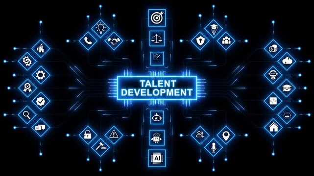 Advanced workforce training dashboard powered by Talent Development interface with secure employee capability analytics and digital HR management system . with neon toolbox any item use for animation