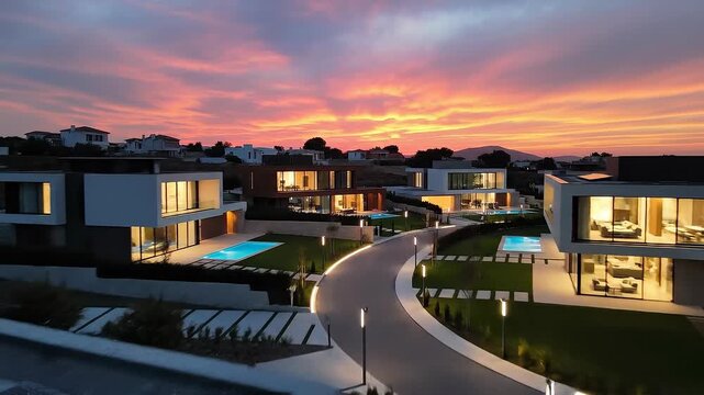 Modern luxury villas with swimming pools at sunset in a peaceful residential neighborhood
