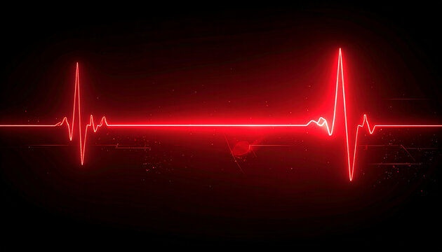 Glowing red heartbeat line on a black background, representing life, health, and medical concepts