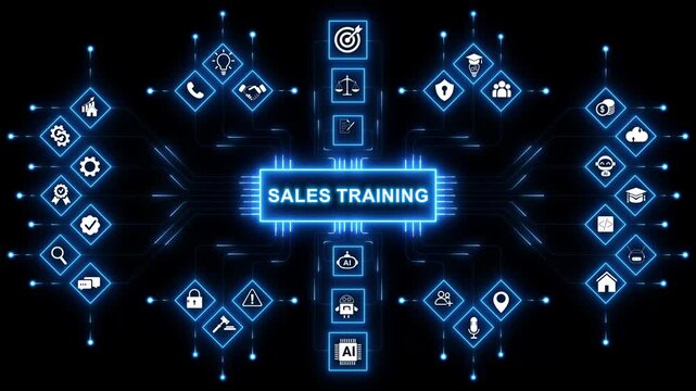 Abstract Sales training network animation with glowing data connections and technology icons, digital learning and revenue skill development concept. with neon toolbox any item use for animation