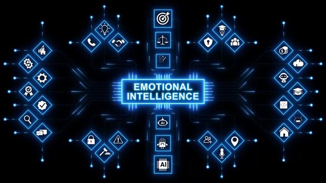 Abstract glowing Emotional intelligence network animation with glowing data connections and technology icons, digital empathy awareness . with neon toolbox any item use for animation.