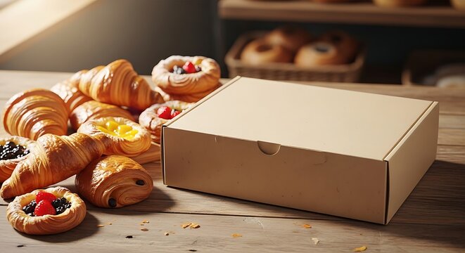 Delicious fresh baked goods and a plain delivery box on a rustic wooden table.