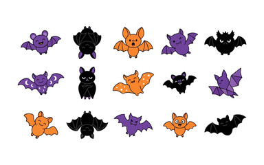Obraz premium Set of cute cartoon bat characters for halloween decorations and festive design elements in flat vector style