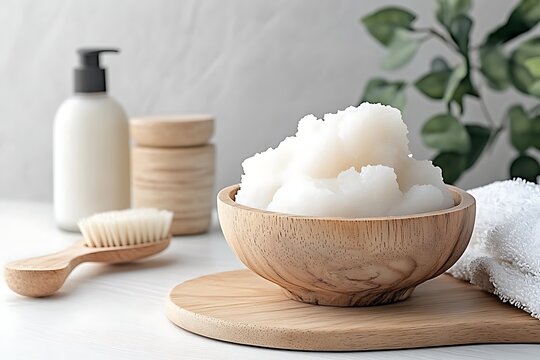 Natural Body Care Products with Moisturizing Cream in Wooden Bowl and Towel on Minimalist Surface