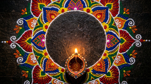 Traditional diwali oil lamp diya on colorful rangoli pattern with festival