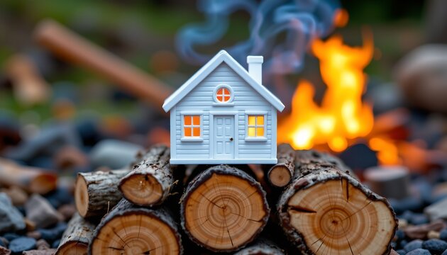 The image features a small, blue, toy like house with illuminated windows sitting atop a stack of cut logs. The house has a chimney with wisps of smoke rising from it, suggesting it is warm inside
