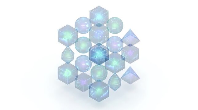 Glowing crystal geometric shapes in hexagonal arrangement