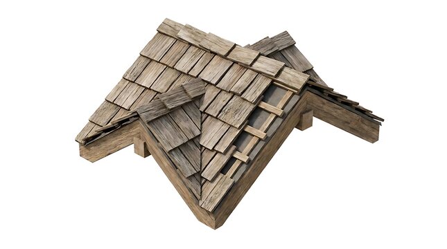 Weathered wooden shingle roof section on white
