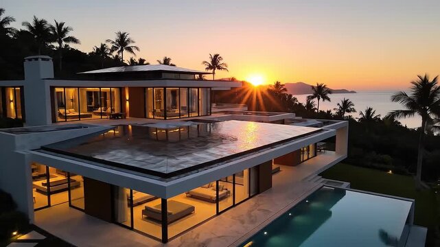 Modern luxury house with infinity pool overlooking sunset and palm trees in tropical paradise