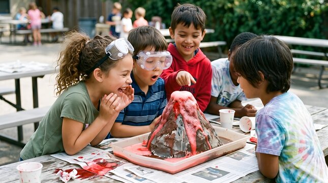 Excited children watch a science experiment with a volcanic eruption model outdoors.