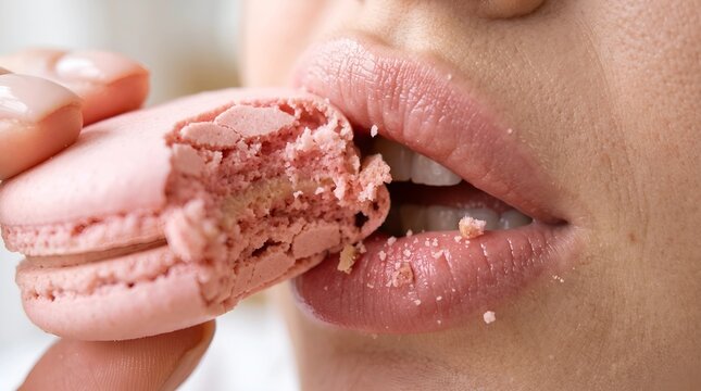 Close-up of a womans mouth biting into a pink macaron, showing the creamy filling and crumbs.
