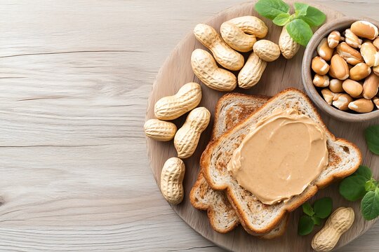 Slices of Toast with Peanut Butter, Raw Peanuts and Roasted Nuts on Wooden Board for Delicious Snack Idea