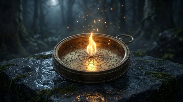 Vintage brass compass with magical floating flame in dark forest setting