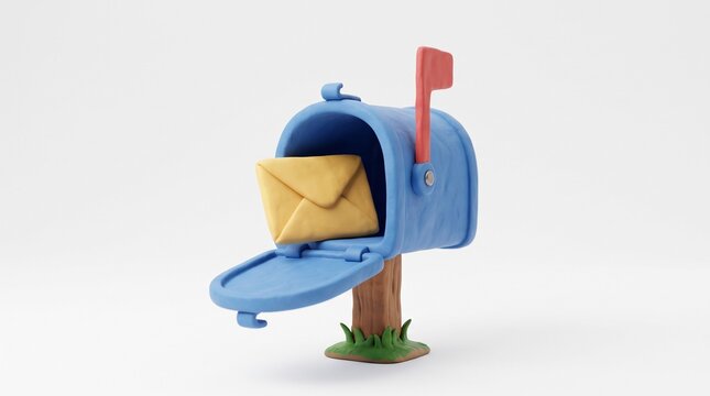 Blue mailbox with a yellow envelope, a classic American post box for mail delivery and communication, symbolizing postal service and message exchange.