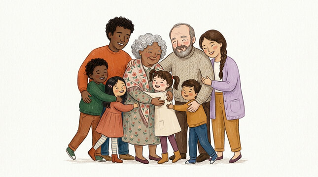 Isolated Multigenerational Family Embrace Hand Painted Colored Pencil Illustration