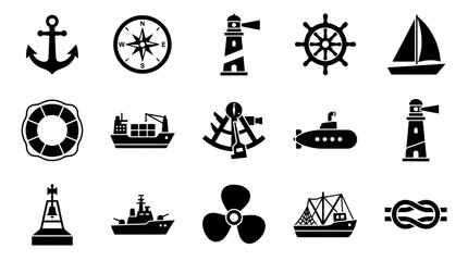 Maritime icon set featuring nautical symbols such as an anchor, lighthouse, ship wheel, compass, and various sea vessels isolated on white. © yanto