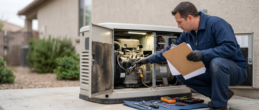 Generator technician performs preventive maintenance on residential standby generator, inspecting engine and electrical components to support backup power reliability, safety and home preparedness.