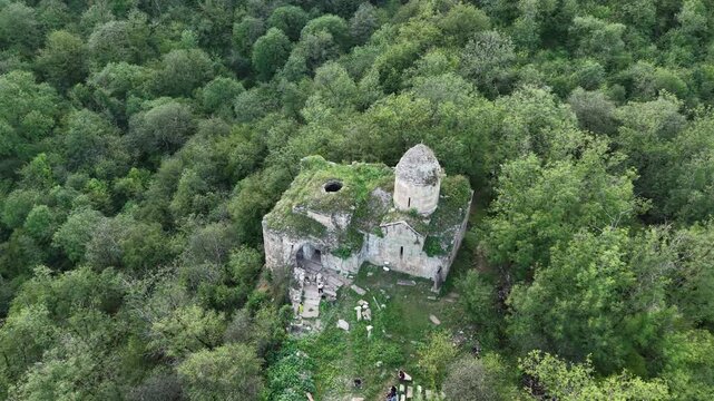 4K Aerial View of Arakelots Monastery Surrounded by Forest in Acharkut, Tavush, Armenia.