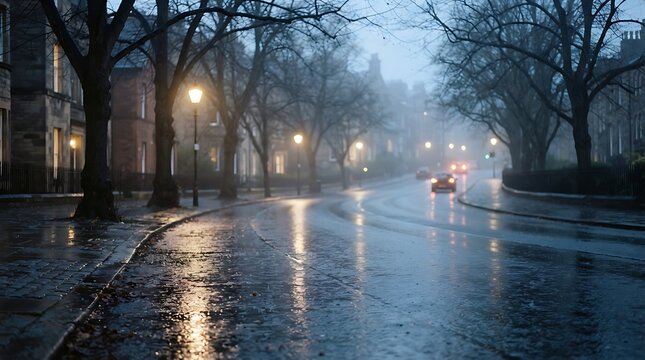 A moody evening scene on a quiet residential street with wet pavement and glowing street lights in the fog.