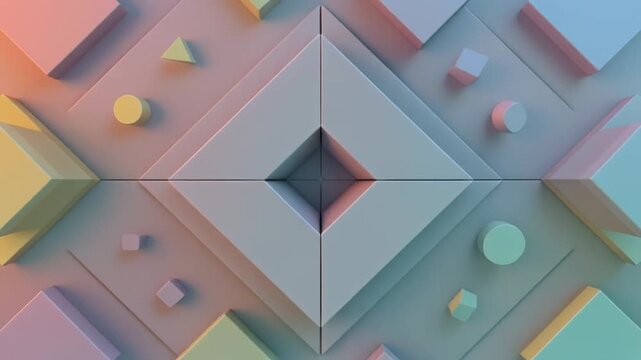 3d isometric animation of moving geometric shapes and blocks