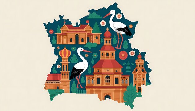 Map of belarus with storks and traditional buildings